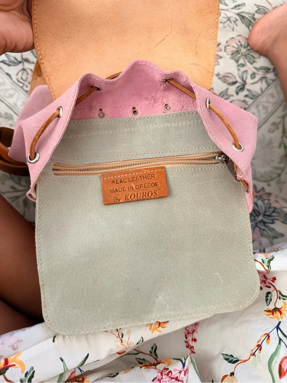 Pink Canvas Backpack with Tan Leather Trim - Unbranded